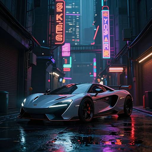 Photorealistic CGI: sleek silver sports car with glowing headlights on a neon-lit, rain-soaked urban alley at night, surrounded by vibrant,