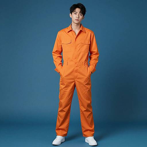 Photograph of an East Asian man with curly black hair, wearing an orange prison jumpsuit and white sneakers, standing against a solid blue background.
