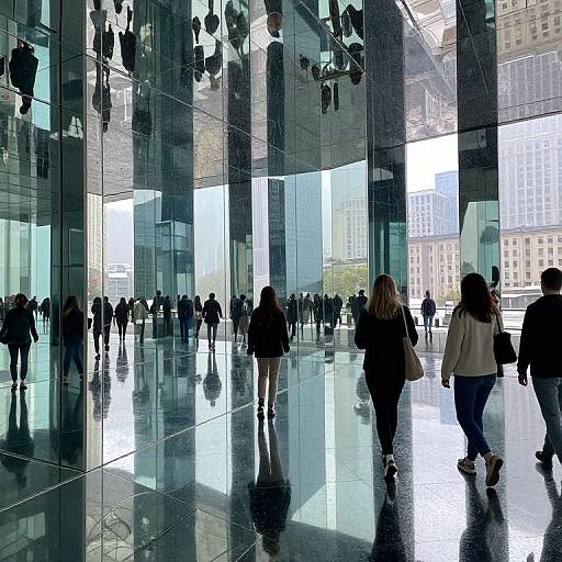 Photograph of a modern glass-walled lobby with reflective floors, showcasing a crowd of people in winter clothing, silhouetted against bright outside light