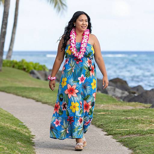 Photograph of a smiling, plus-sized, dark-haired woman in a colorful floral dress and pink lei, walking on a beach path with ocean and palm