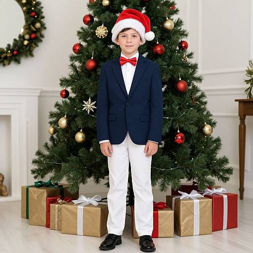 Photograph of a young boy in a navy blazer, white pants, red bowtie, and Santa hat, standing in front of a decorated Christmas