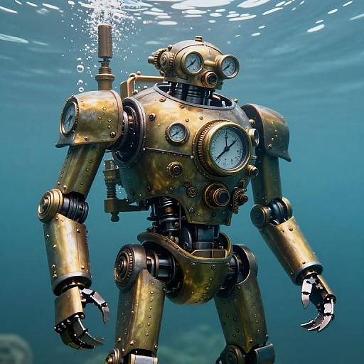 Photorealistic CGI of a brass, steampunk-style robot with multiple dials and gears, underwater with sunlight filtering through the blue water.