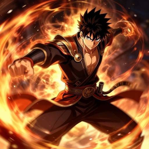Dynamic anime illustration of a black-haired, blue-eyed male warrior with fiery aura, black kimono, and red sash, surrounded by intense flames,