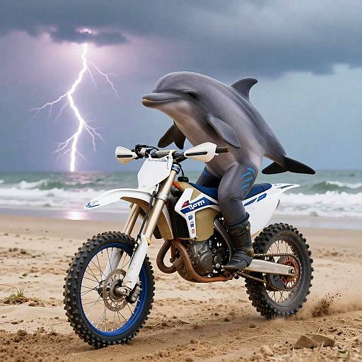 Photograph of a dolphin riding a white off-road motorcycle on a sandy beach during a storm with lightning, waves in background.