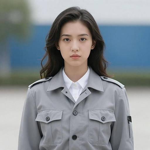 Serious Young Woman in Military Jacket