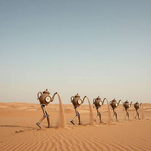 Photograph of robotic teapots with spouts kicking up sand in a vast, orange desert under a clear, blue sky.