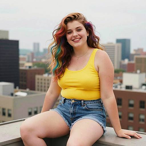 Photograph of a smiling, curvy, fair-skinned woman with wavy, multicolored hair, wearing a yellow tank top and denim shorts