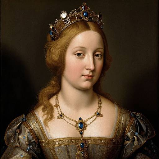 Photorealistic portrait of a pale, red-haired queen with wavy hair, wearing a jeweled crown and necklace, and a detailed, dark gown