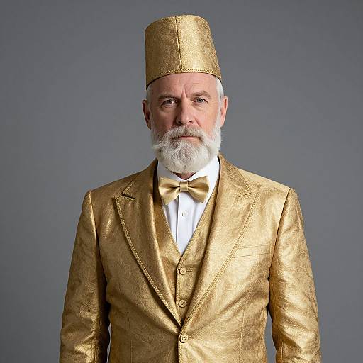 Elderly man with white beard, golden suit, matching hat, and bow tie, standing against a gray background, photographed in portrait style.
