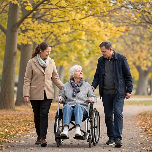 Photograph of an elderly woman in a wheelchair, accompanied by a young woman and man, walking on a leafy autumn path.