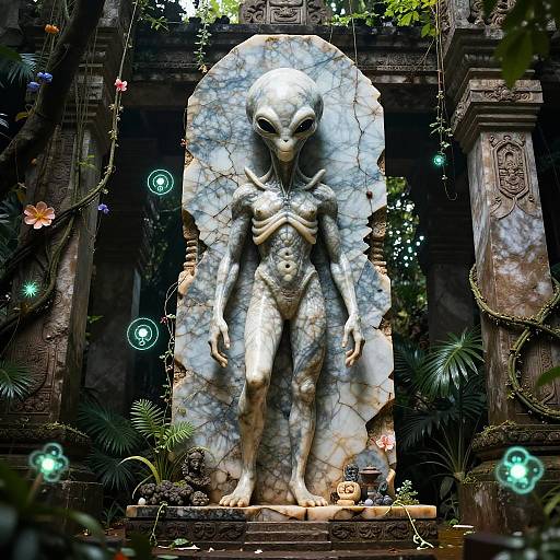 Photorealistic CGI of an alien statue with gray, cracked stone texture, standing in an ancient, overgrown temple with glowing orbs.