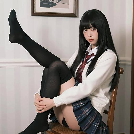 Asian woman in schoolgirl outfit sitting on chair