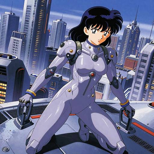 Anime-style drawing of a black-haired woman in a white, futuristic, form-fitting bodysuit, kneeling with dual guns, against a neon-l