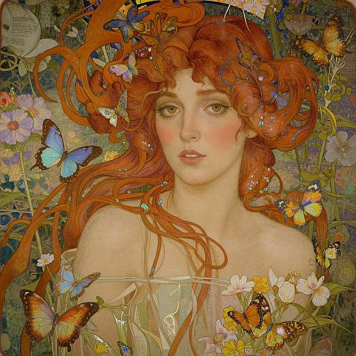 Digital painting of a fair-skinned woman with flowing red hair, surrounded by colorful butterflies and flowers, wearing an off-shoulder dress. Art Nou