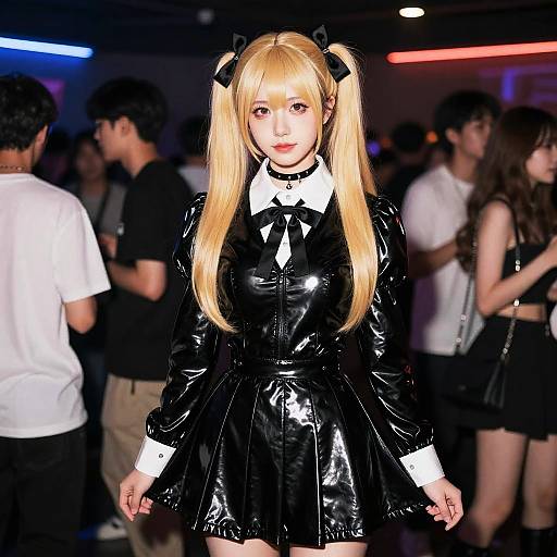 Photograph of a young Asian woman with long blonde pigtails, wearing a shiny black gothic Lolita dress with white collar, standing in a