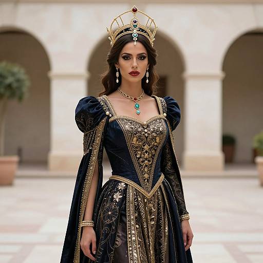 Digital illustration of a regal woman with dark hair, wearing a gold crown, dark blue and gold embroidered gown, and necklace, standing in an ar
