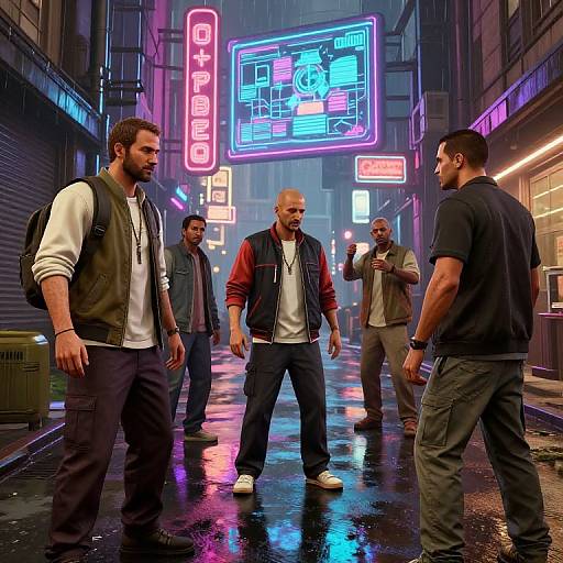 Neon-lit, rainy urban street scene featuring five men in casual attire, standing under vibrant, colorful neon signs in a futuristic, cyberpunk style