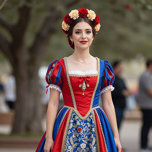 Photograph of a young woman in a vibrant, traditional Spanish flamenco dress with red, blue, and gold embroidery, wearing a floral headpiece,