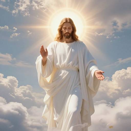Photograph of Jesus with long brown hair, beard, white robe, sunburst halo, and outstretched hands, standing amid fluffy clouds.