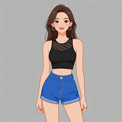Digital anime-style drawing of a smiling young woman with long brown hair, wearing a black crop top, blue high-waisted shorts, and hoop earrings