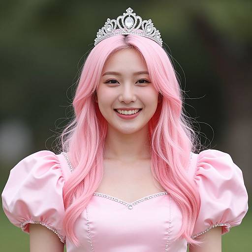 Smiling Woman in Pink Satin Dress