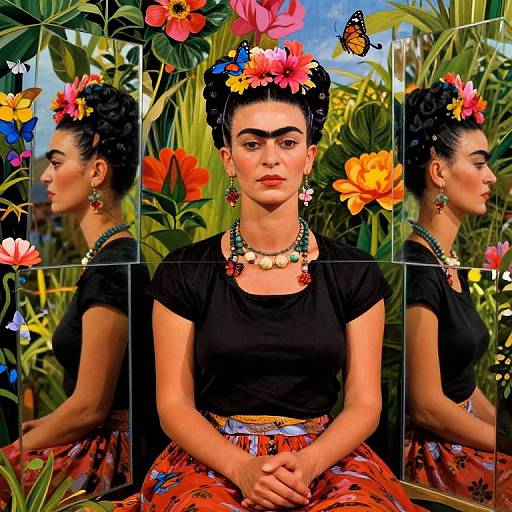 Photograph collage of Frida Kahlo with dark hair, floral crown, black top, colorful skirt, necklace, surrounded by vibrant flowers and a butterfly