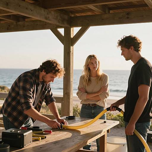 Sunset Workshop Scene with Three People