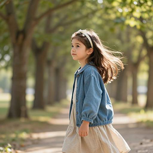 Photograph of a young girl with long brown hair, wearing a blue denim jacket and beige dress, walking in a sunlit, tree-lined park.