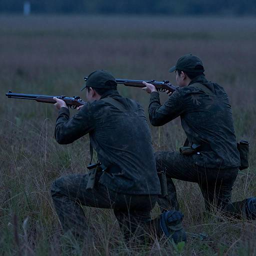 Two Hunters Aiming Rifles in Grass Field
