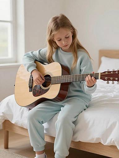 Young Girl Playing Acoustic Guitar Indoors