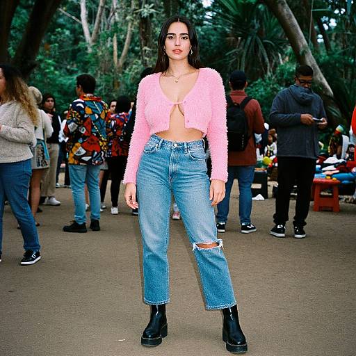 Photograph of a young woman with long black hair, wearing a pink fluffy cropped top and high-waisted, ripped blue jeans, standing in a