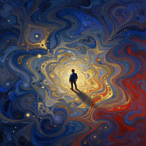 Digital painting of a silhouetted figure standing in a swirling, colorful galaxy with blue, red, and yellow abstract patterns, surrounded by glowing stars
