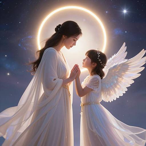 Photograph-like digital artwork of a serene mother and angelic daughter in white gowns, hands clasped, illuminated by a glowing halo against a star