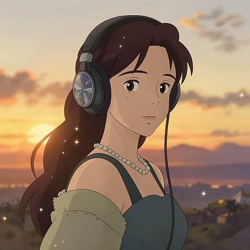 Elegant Woman with Headphones at Sunset