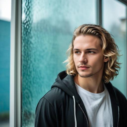 Young Man with Wavy Blonde Hair Looking Away