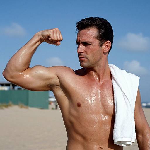 Photograph of a muscular, shirtless man with glistening, tanned skin, flexing his right bicep on a sunny beach, wearing