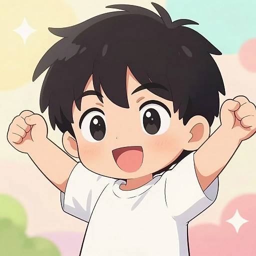 Cute anime-style digital drawing of a happy, black-haired boy with large eyes and an open mouth, raising his fists, wearing a white shirt,