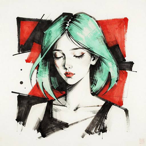 Mint Green Haired Girl in Constructivist Style