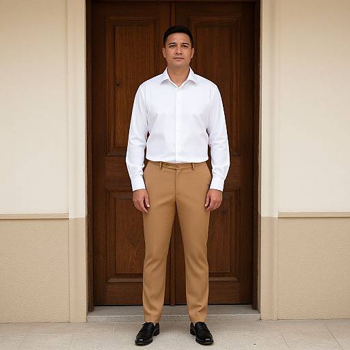 Photograph of a middle-aged man with short black hair, wearing a white dress shirt, beige pants, and black shoes, standing in front of a