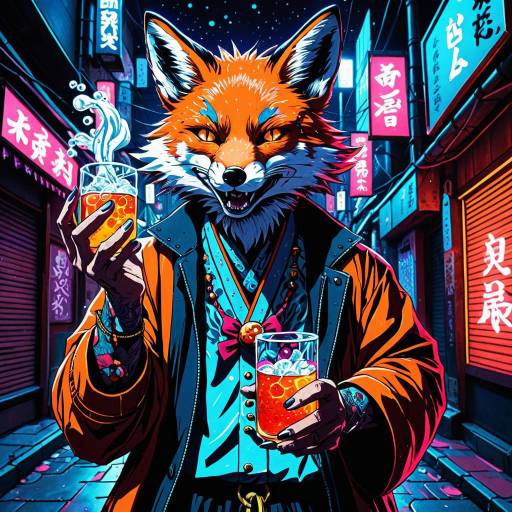 Anime Fox Holding Arcane Elixirs in Neon Alley