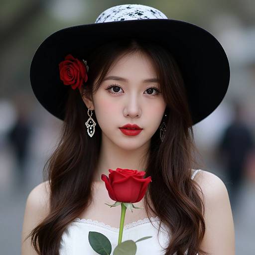 Photograph of an East Asian woman with long dark hair, wearing a black lace hat, white dress, red rose in hand, and matching red lipstick