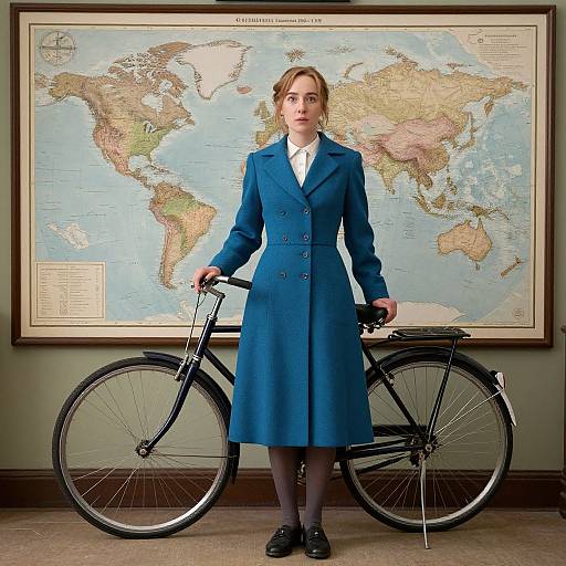 Photograph of a serious woman in a blue coat and white blouse, holding a bicycle, standing in front of a world map.