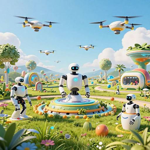Bright, colorful CGI scene of four white, black-accented robot humans in a vibrant, futuristic meadow with flying drones, round buildings, and