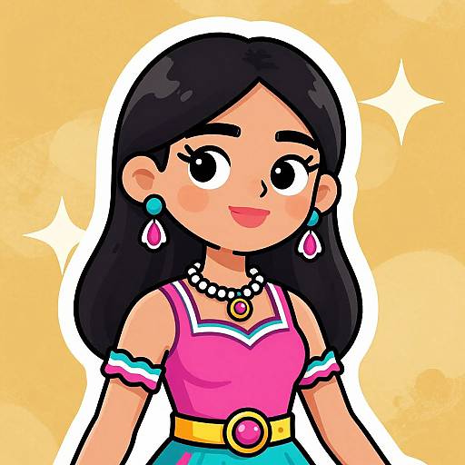 Digital cartoon of a smiling Latina girl with long black hair, wearing a pink dress, turquoise earrings, necklace, and belt, against a yellow background with