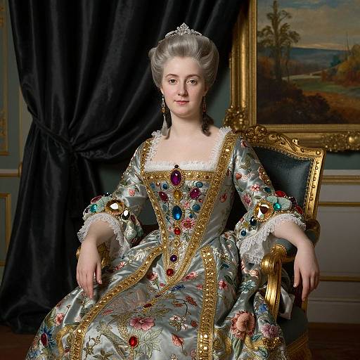 Digital portrait of an 18th-century noblewoman in an ornate, silver and gold floral gown with gemstone embellishments, seated on a velvet