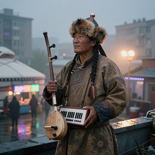 Neon Shaman Throat Singer Rooftop Portrait