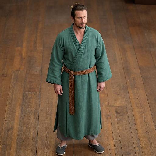 Photograph of a muscular, bearded man with short brown hair, wearing a green bathrobe with a brown belt, gray pants, and blue sl