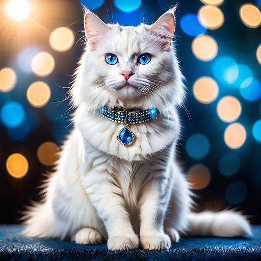 Fluffy White Cat with Gem Collar