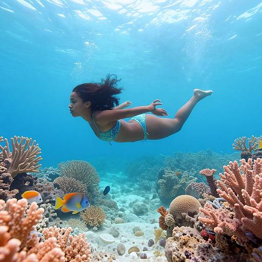 Photograph of a young woman in a blue patterned bikini, swimming underwater amidst vibrant coral reefs and colorful fish, bathed in clear blue light.