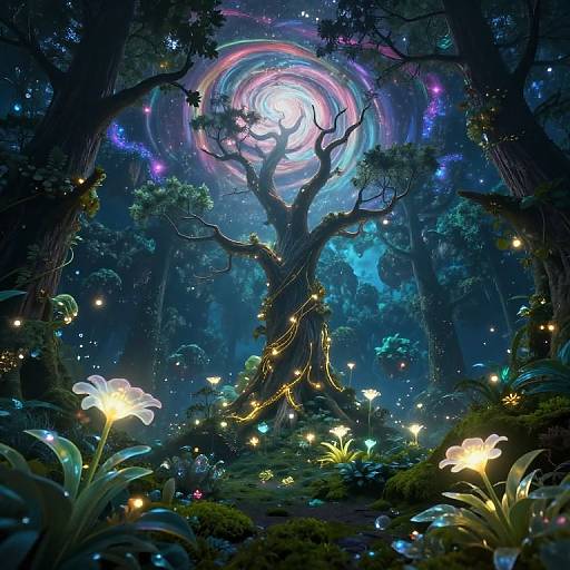 Digital fantasy artwork of a glowing, ethereal forest with a central, twisted tree illuminated by a swirling, multicolored orb. Bright flowers and floating